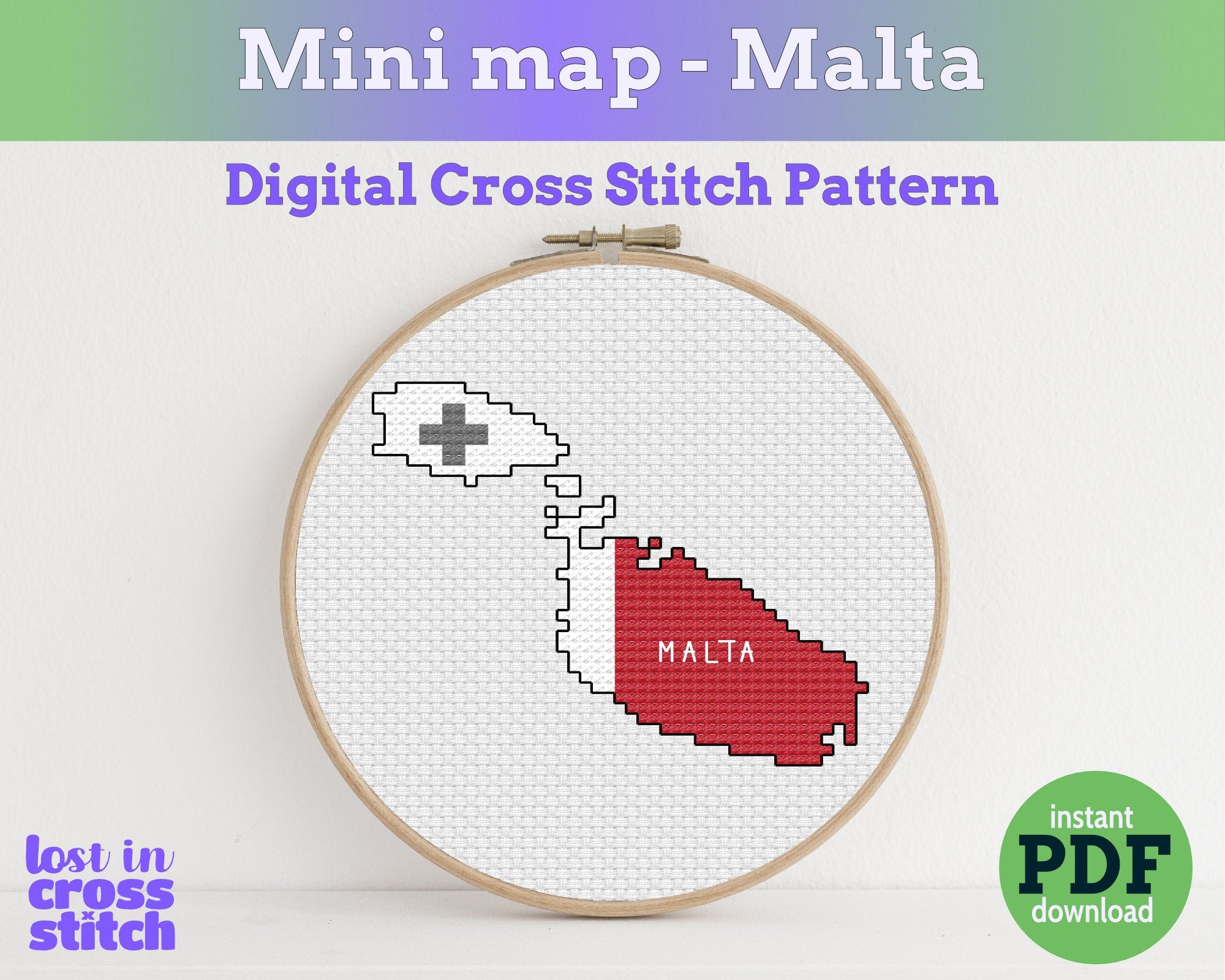 Malta Cross Stitch Pattern: Tiny Flag Map Main image
