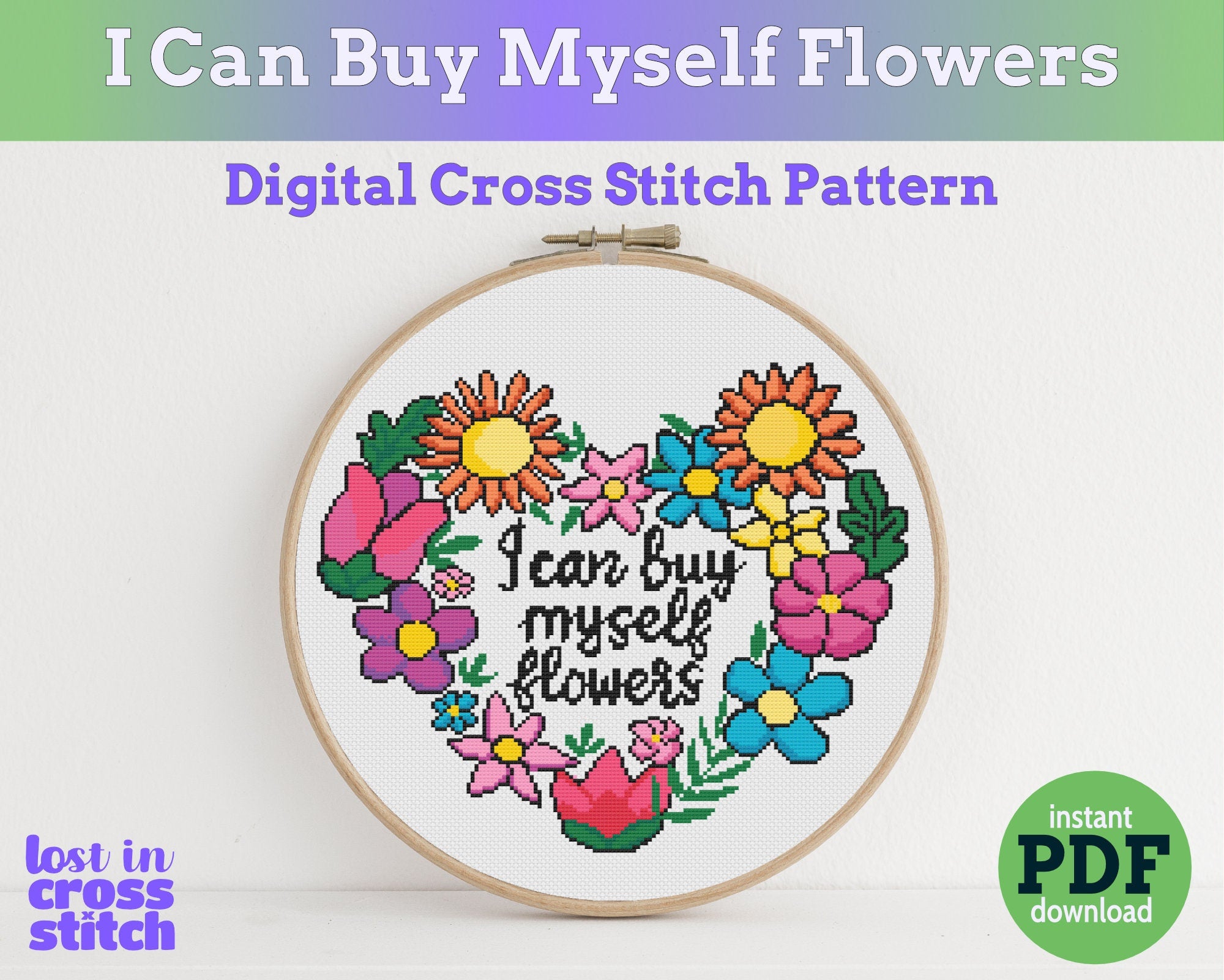 I Can Buy Myself Flowers Cross Stitch Pattern PDF Main image