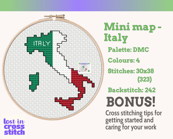 Italy Cross Stitch Pattern: Tiny Flag Map