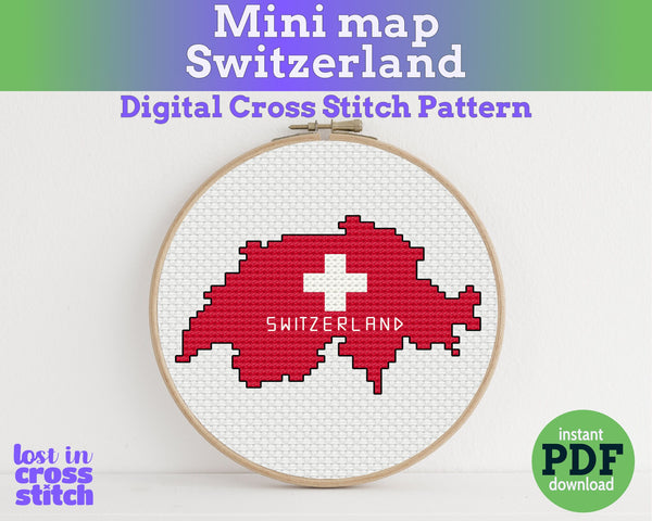 Cross stitch pattern of Switzerland with embroidery hoop on a white background