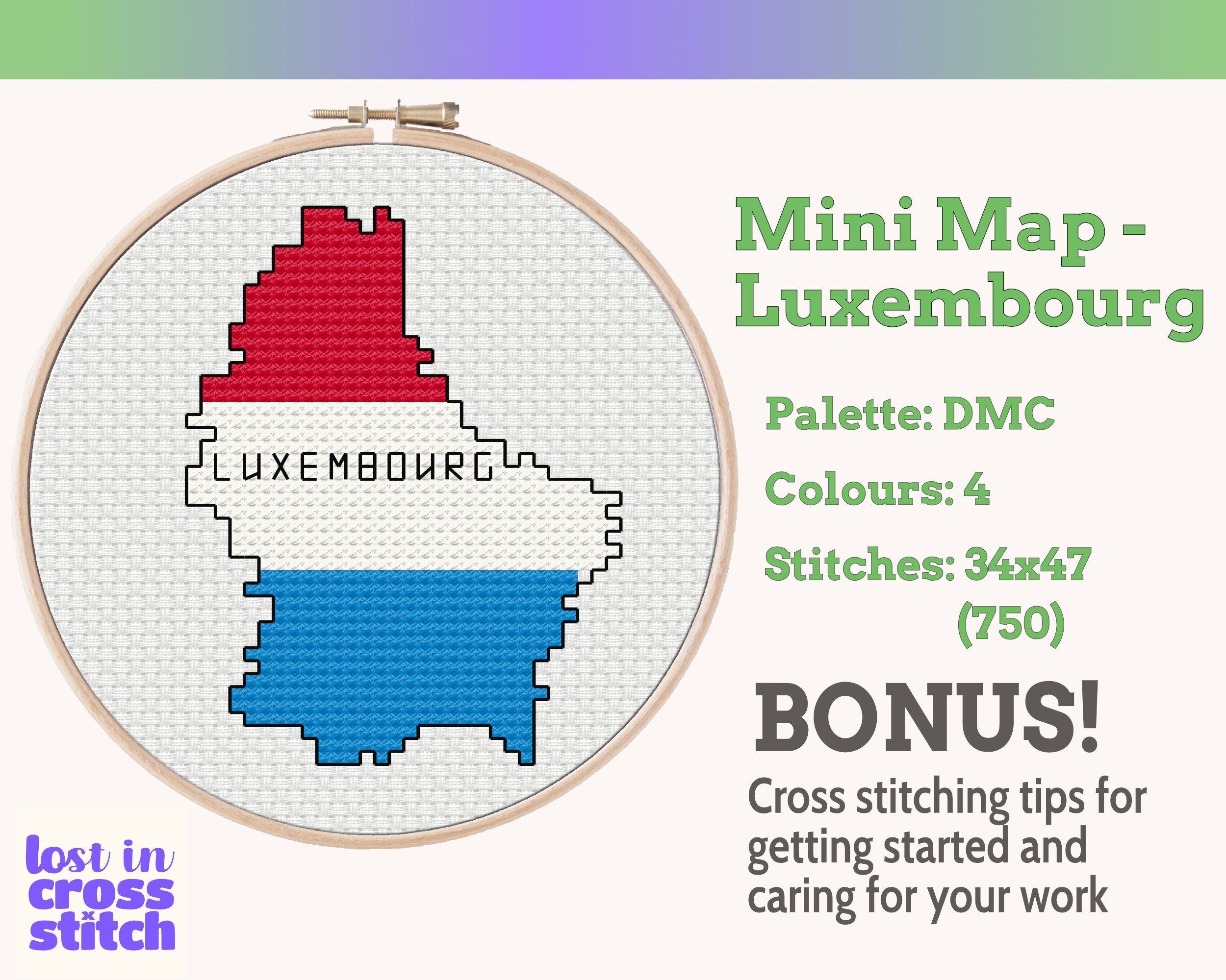 Luxembourg Cross Stitch Pattern: Tiny Flag Map