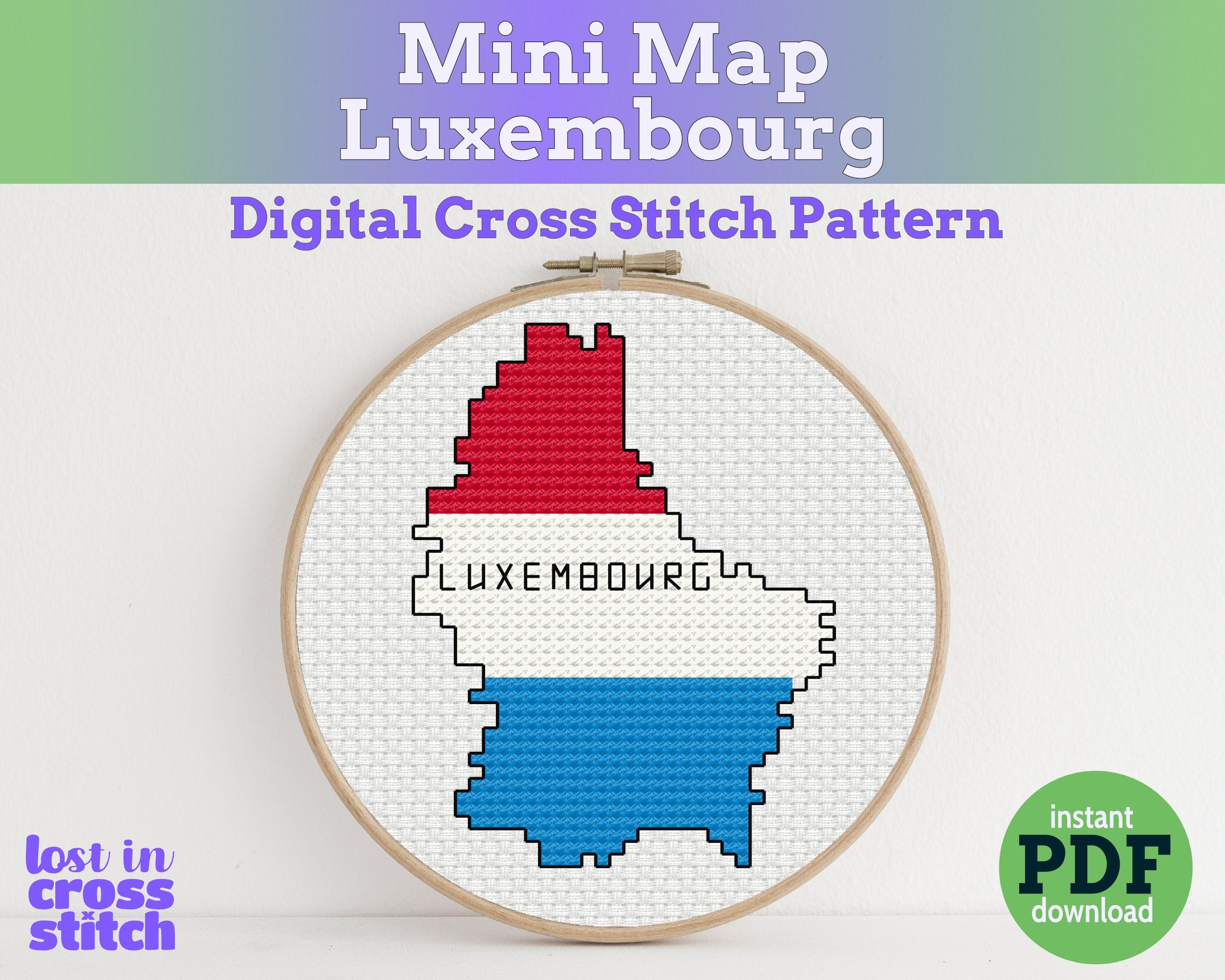 Luxembourg Cross Stitch Pattern: Tiny Flag Map Main image