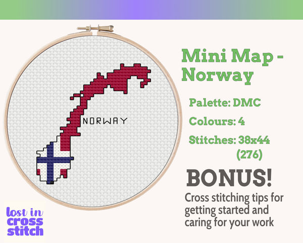 Norway Cross Stitch Pattern: Tiny Flag Map