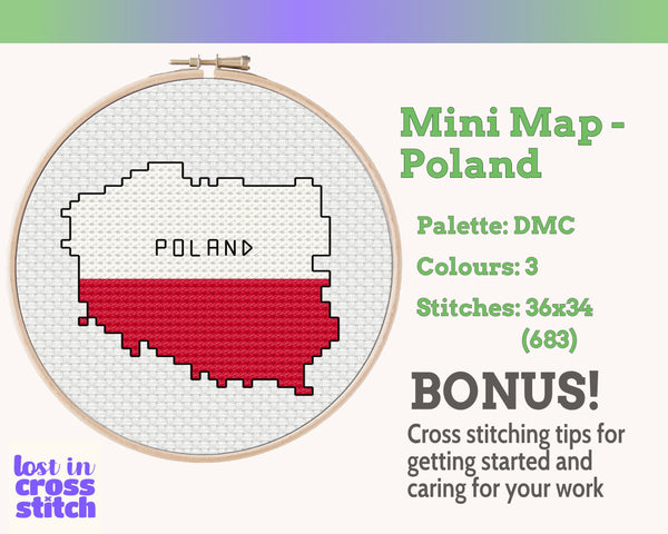 Poland Cross Stitch Pattern: Tiny Flag Map
