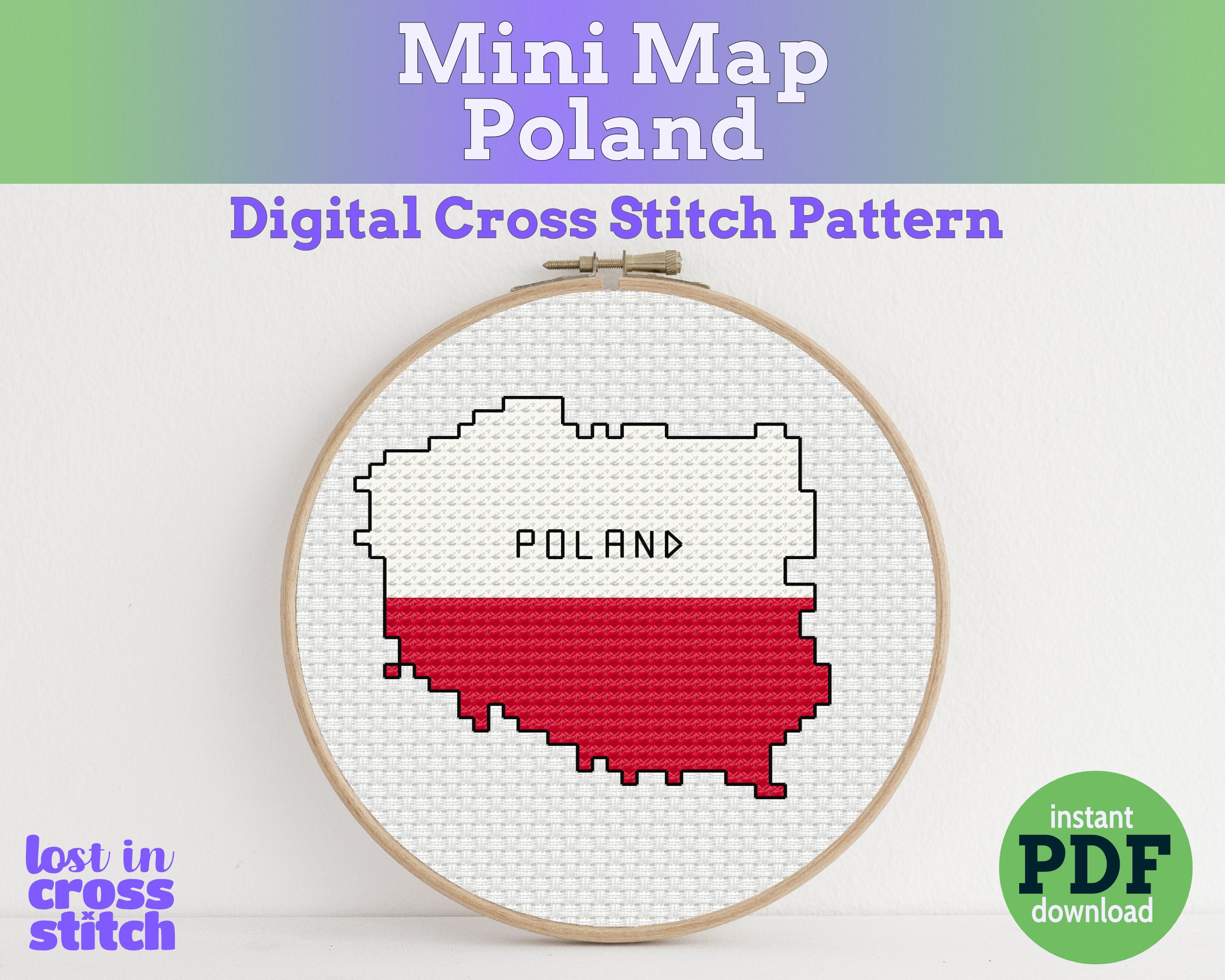 Cross stitch pattern of Poland with a wooden hoop on a white background, featuring the brand 'Lost in Cross Stitch'. Main image