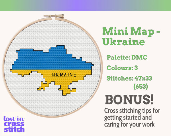 Ukraine Cross Stitch Pattern: Tiny Flag Map
