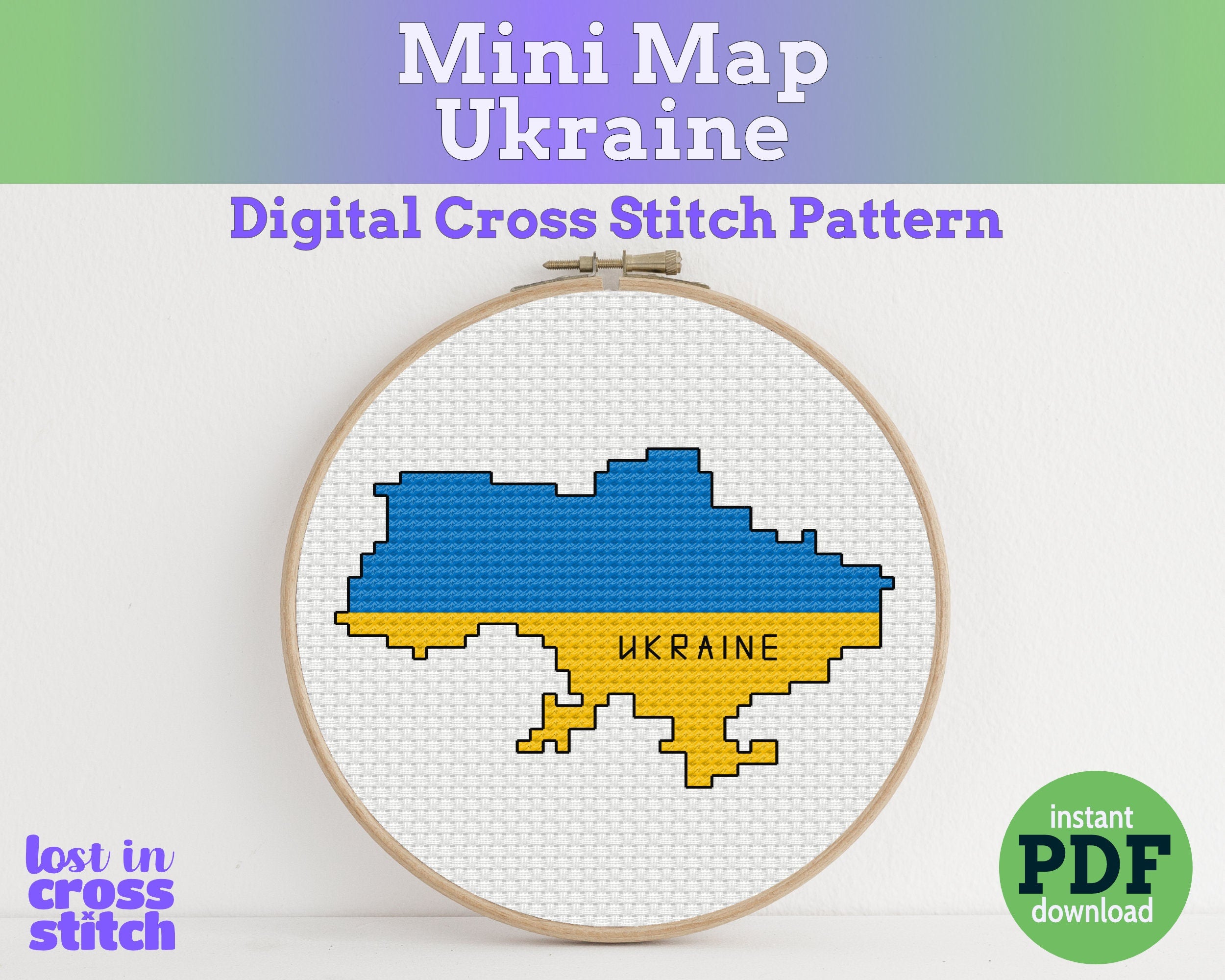 Cross-stitch pattern of Ukraine's flag in an embroidery hoop on a white background Main image