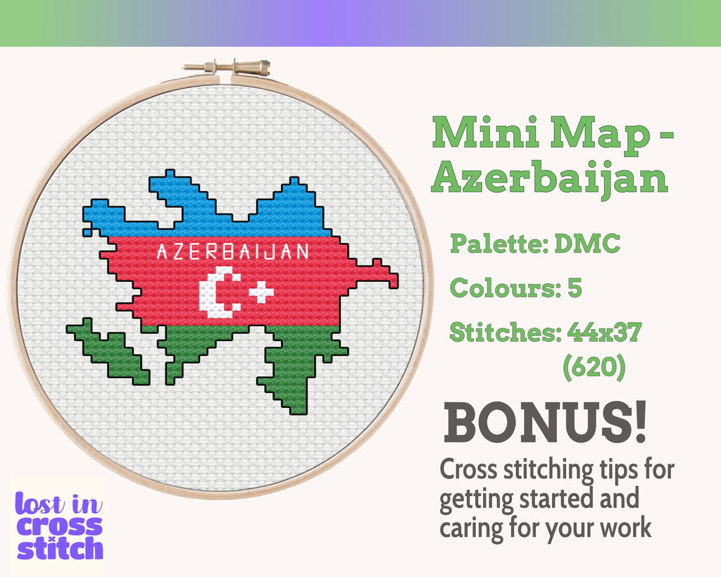 Azerbaijan Cross Stitch Pattern: Tiny Flag Map