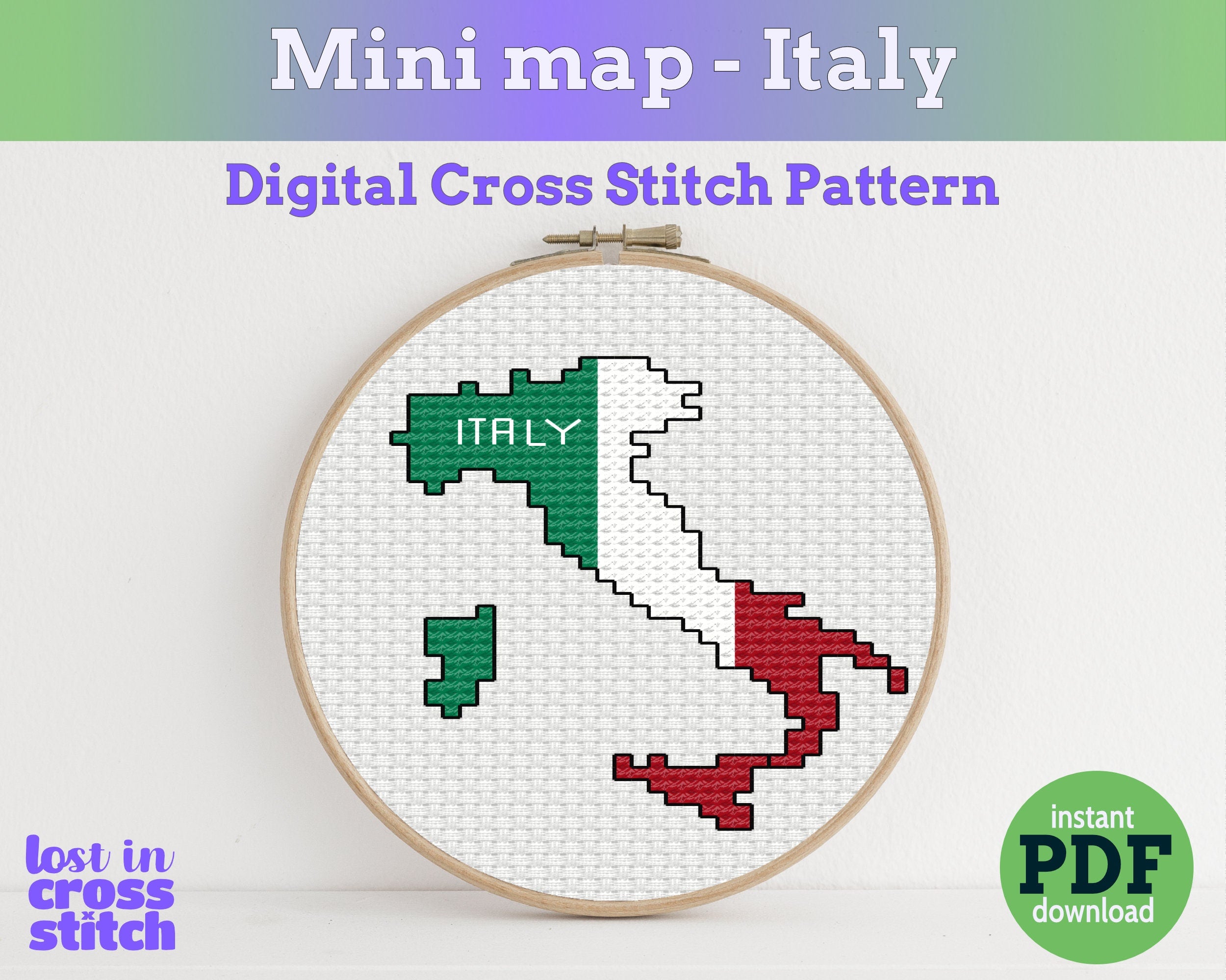 Cross stitch pattern of Italy's map in an embroidery hoop with 'lost in cross stitch' branding. Main image