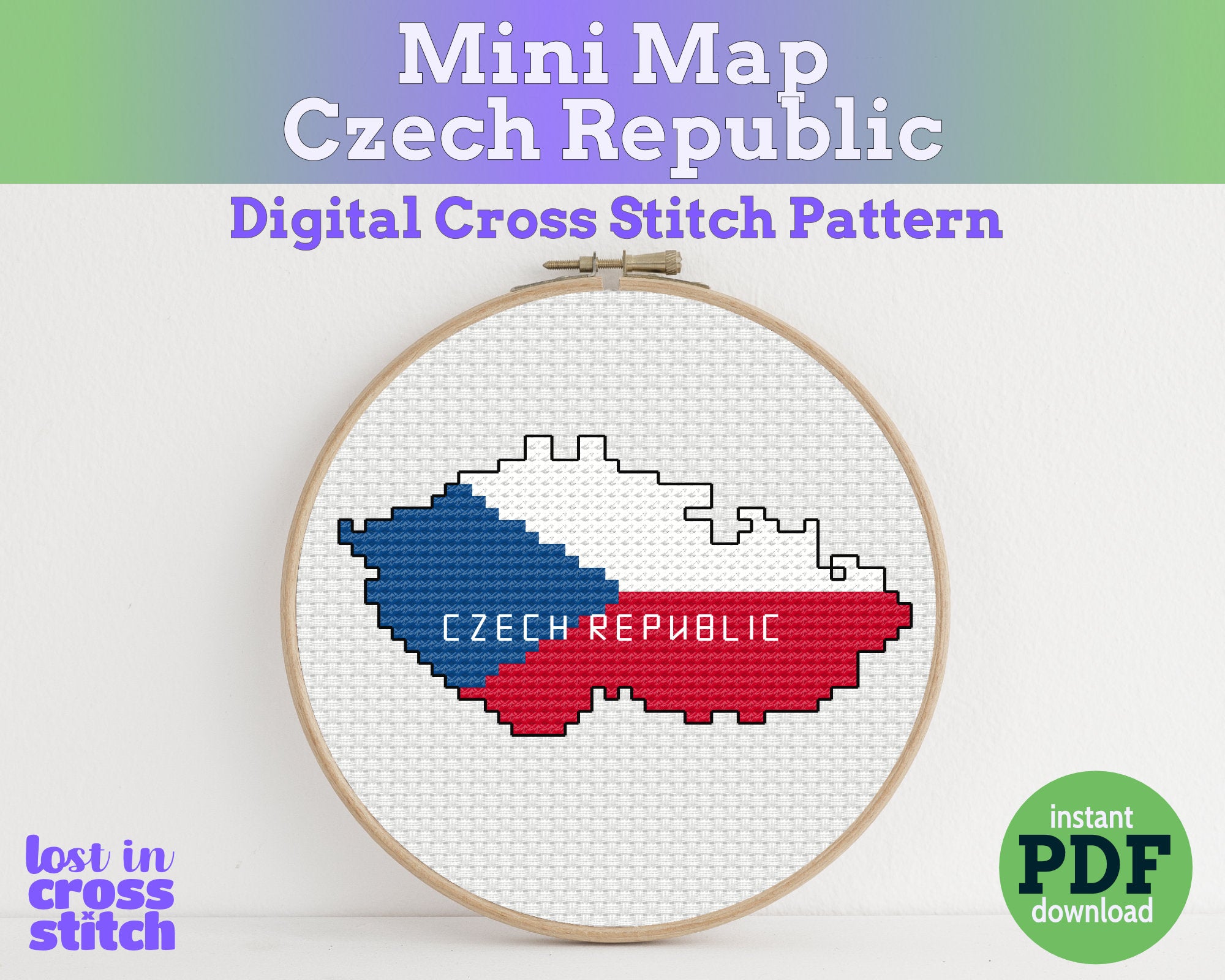 Cross stitch pattern of the Czech Republic map in an embroidery hoop  Main image