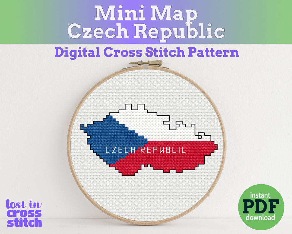 Cross stitch pattern of the Czech Republic map in an embroidery hoop 