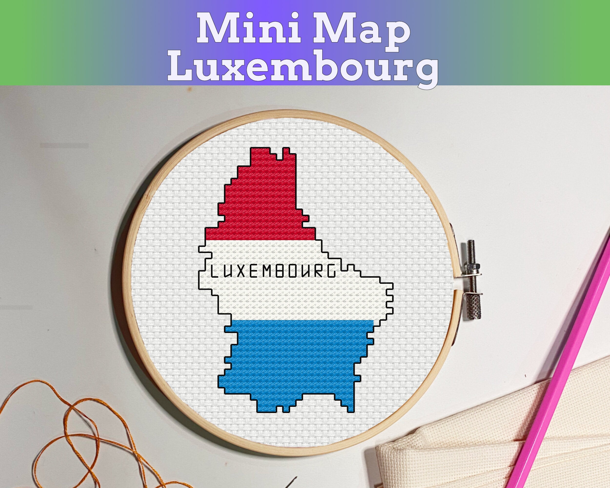 Luxembourg Cross Stitch Pattern: Tiny Flag Map
