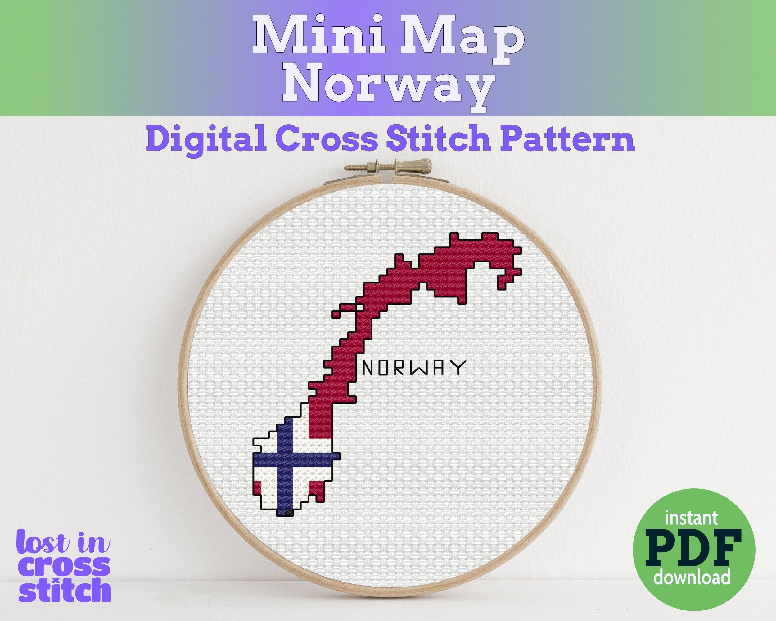Cross stitch pattern of Norway's flag in an embroidery hoop with 'Lost in Cross Stitch' branding. Main image