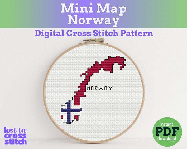 Cross stitch pattern of Norway's flag in an embroidery hoop with 'Lost in Cross Stitch' branding.