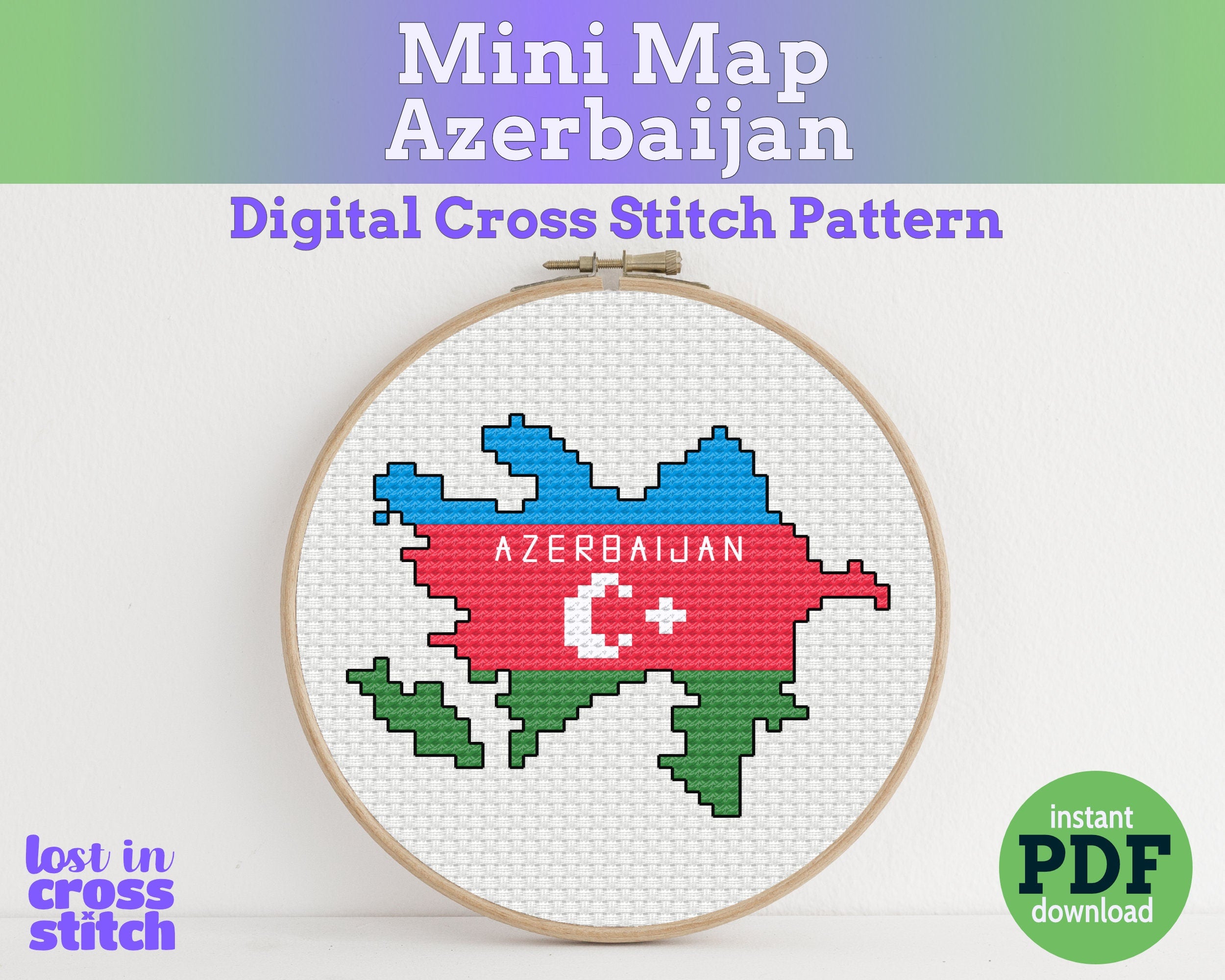 Azerbaijan Cross Stitch Pattern: Tiny Flag Map