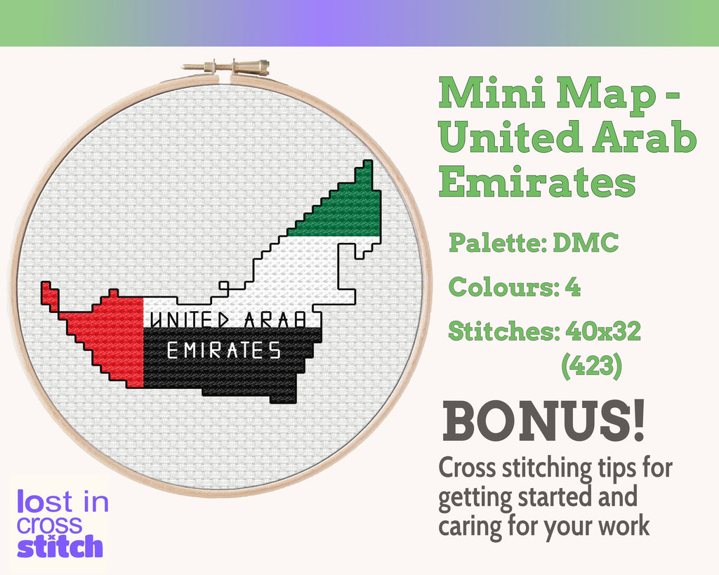 UAE Cross Stitch Pattern: Tiny Flag Map