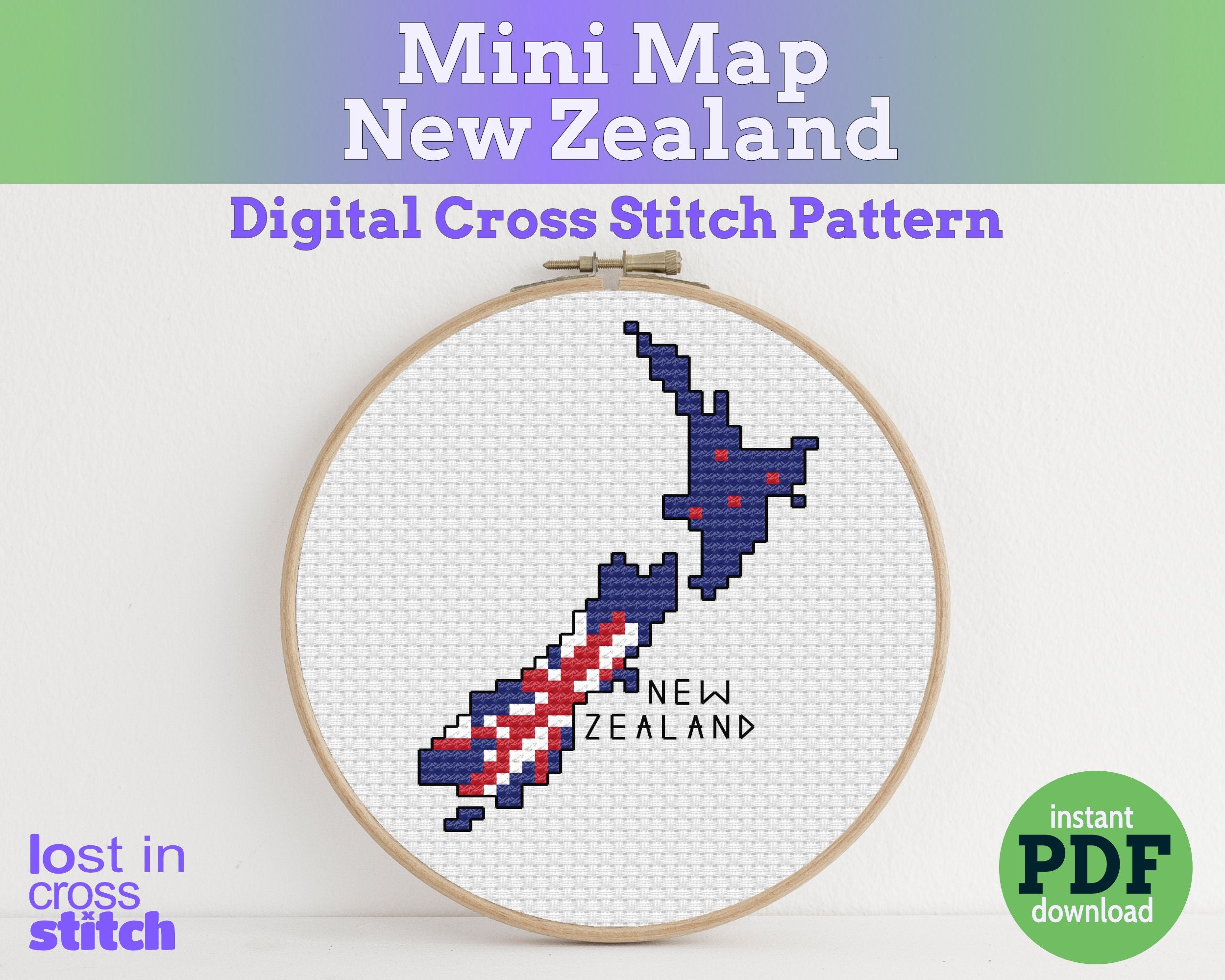 Cross stitch pattern of New Zealand with embroidery hoop on a white background Main image