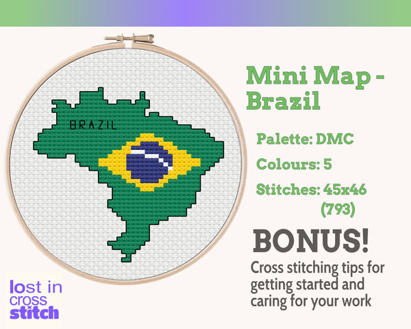 Brazil Cross Stitch Pattern: Mini Flag Map