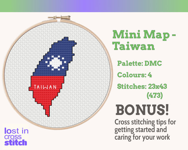 Taiwan Cross Stitch Pattern: Mini Flag Map