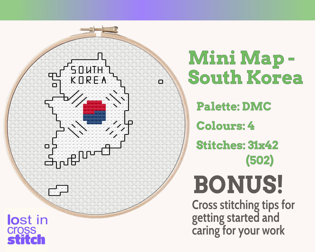 South Korea Cross Stitch Pattern: Mini Flag Map