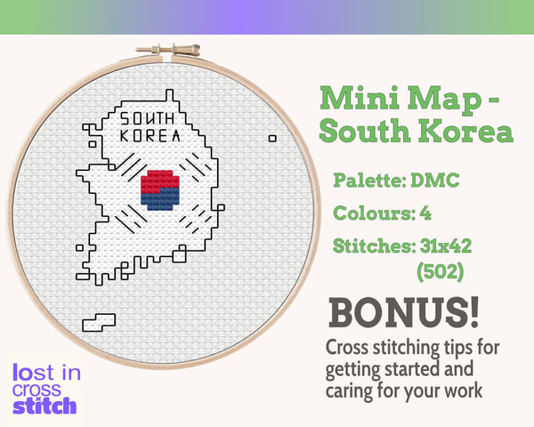 South Korea Cross Stitch Pattern: Mini Flag Map