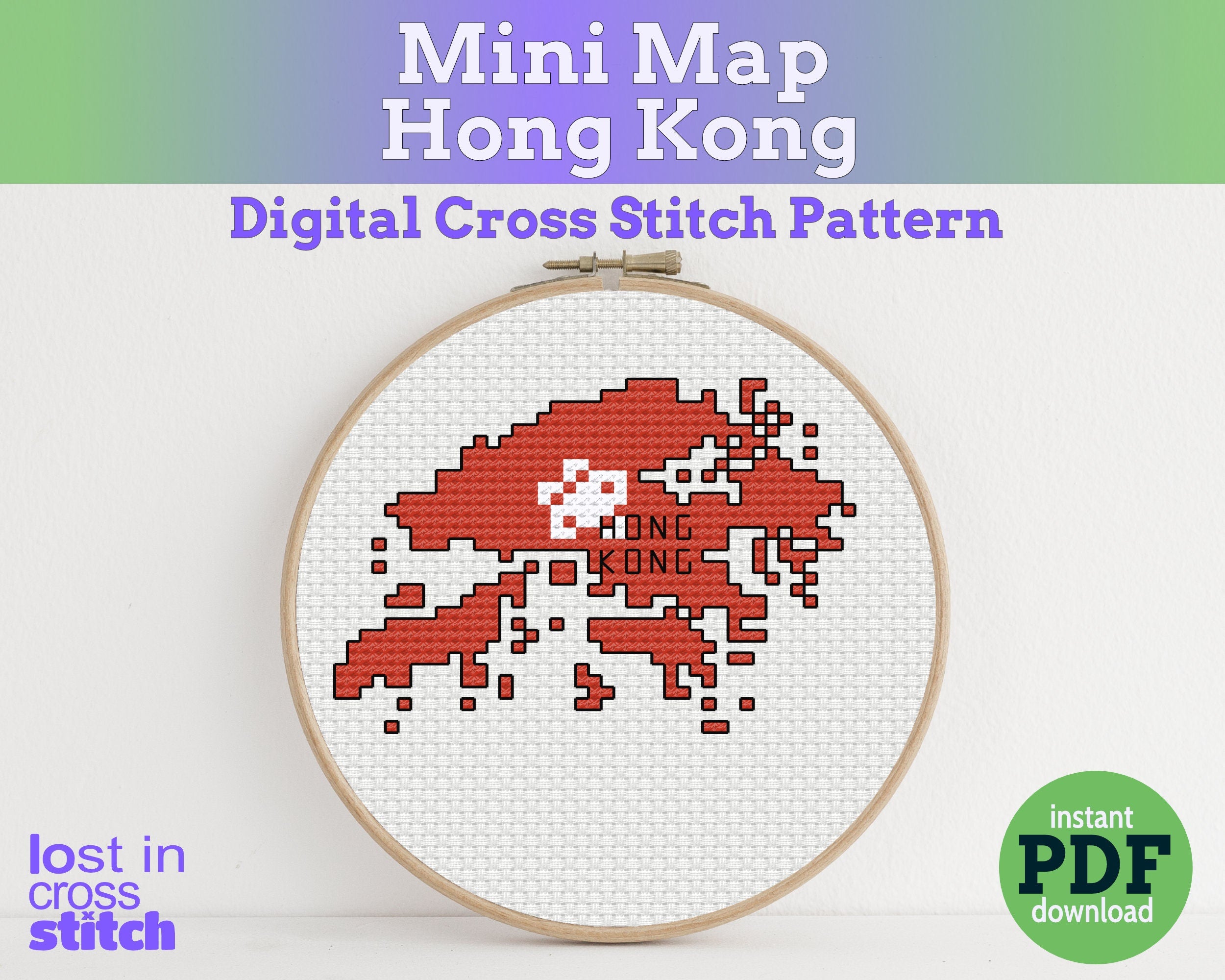 Hong Kong Cross Stitch Pattern: Mini Flag Map Main image