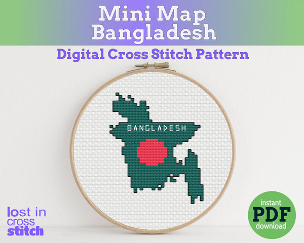 Bangladesh Cross Stitch Pattern: Tiny Flag Map