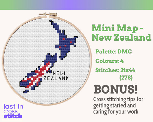 New Zealand  Aotearoa Cross Stitch Pattern: Tiny Flag Map