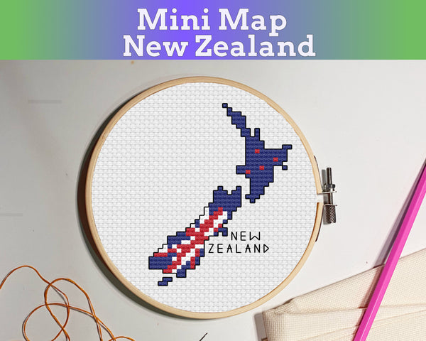 New Zealand  Aotearoa Cross Stitch Pattern: Tiny Flag Map