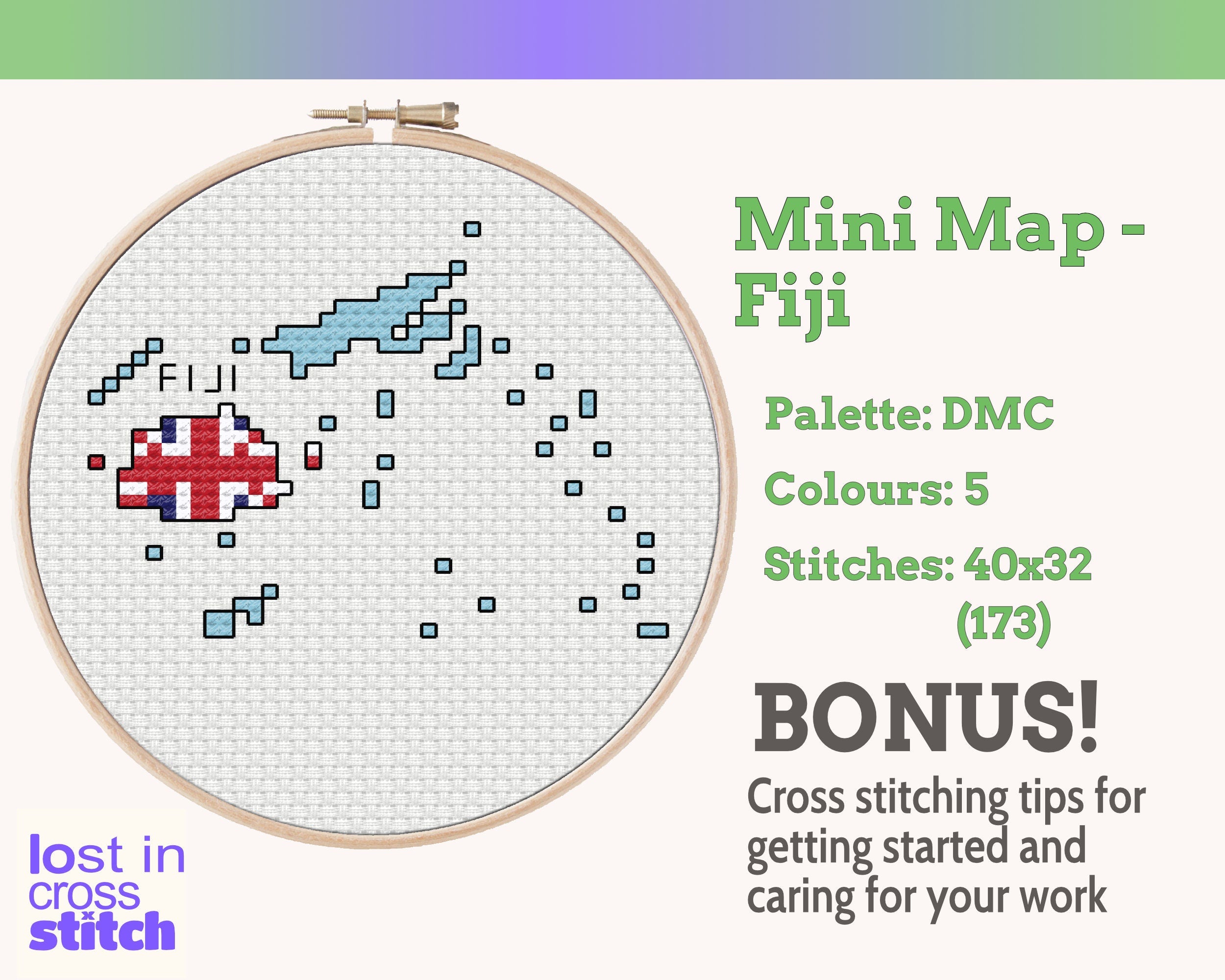 Fiji Cross Stitch Pattern: Tiny Flag Map