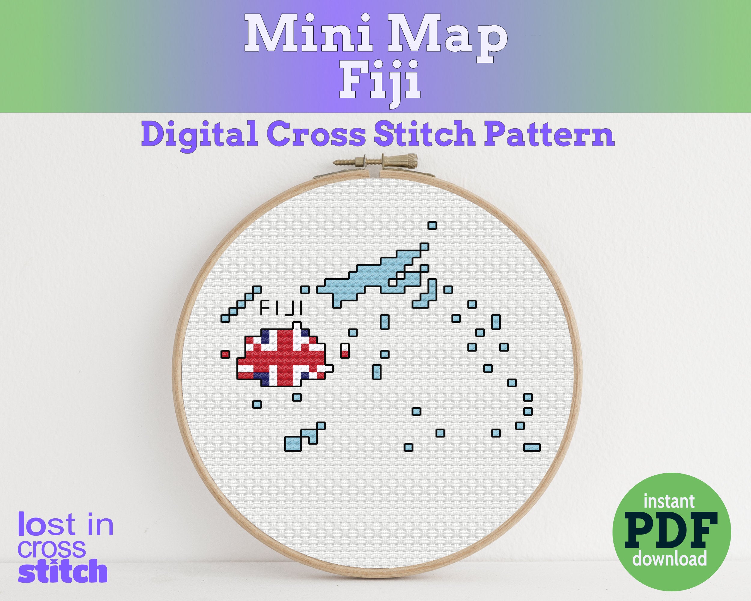 Fiji Cross Stitch Pattern: Tiny Flag Map Main image