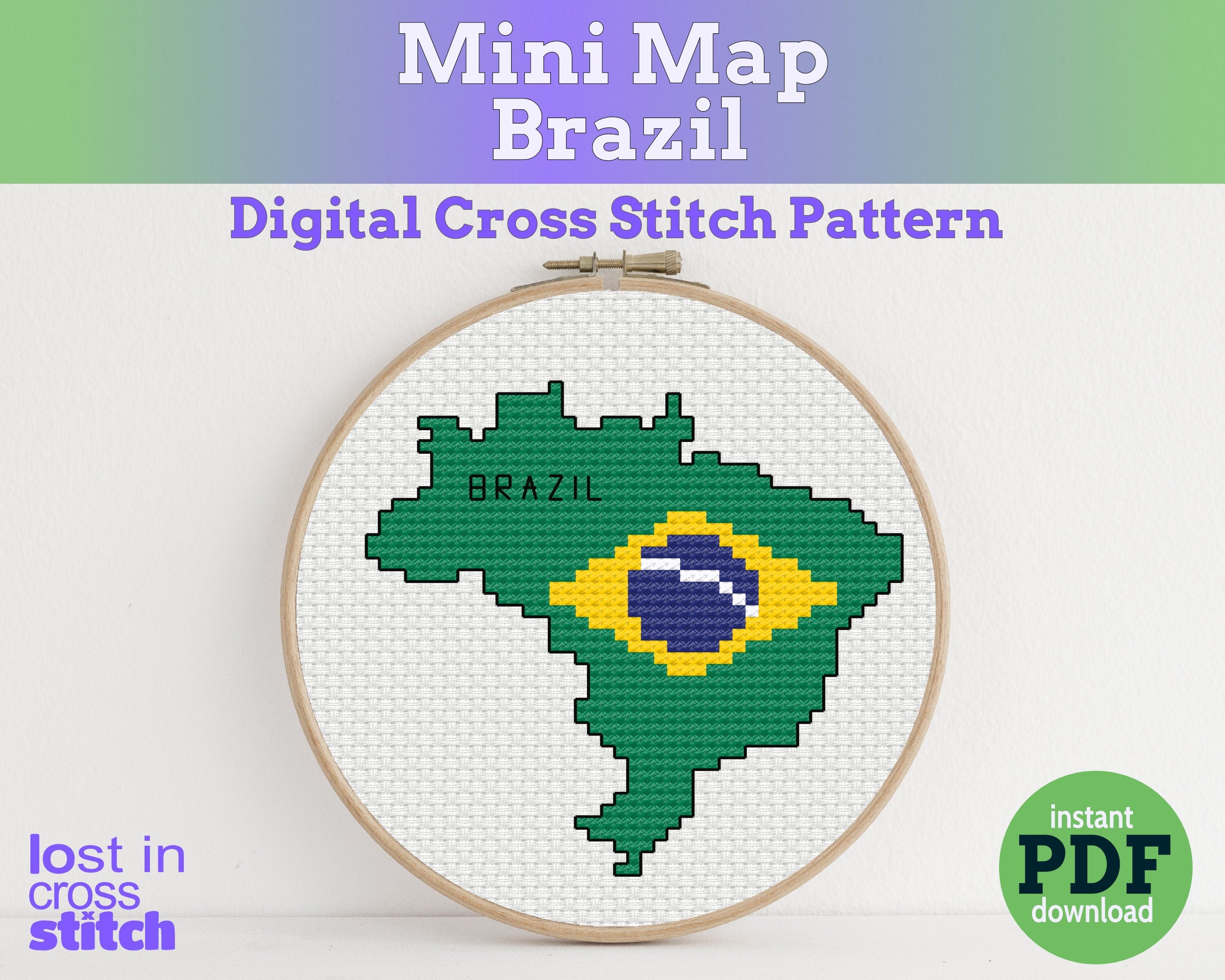 Brazil Cross Stitch Pattern: Mini Flag Map Main image