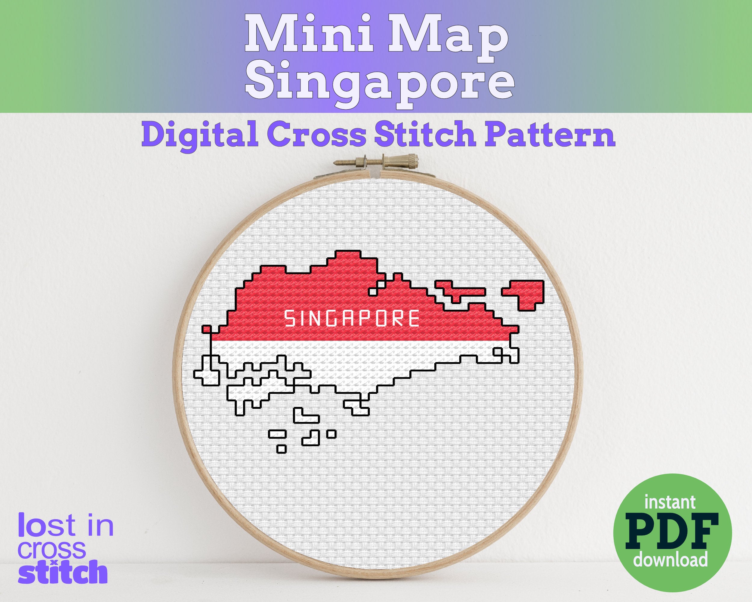 Singapore Cross Stitch Pattern: Tiny Flag Map Main image