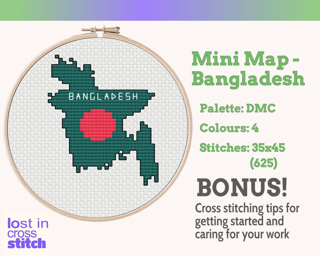 Bangladesh Cross Stitch Pattern: Tiny Flag Map