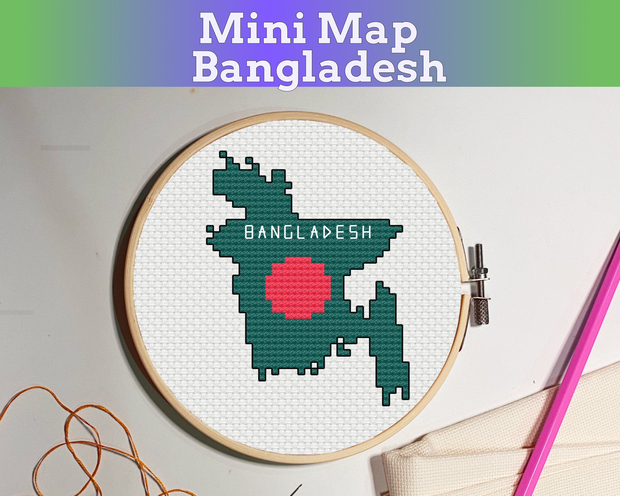 Bangladesh Cross Stitch Pattern: Tiny Flag Map