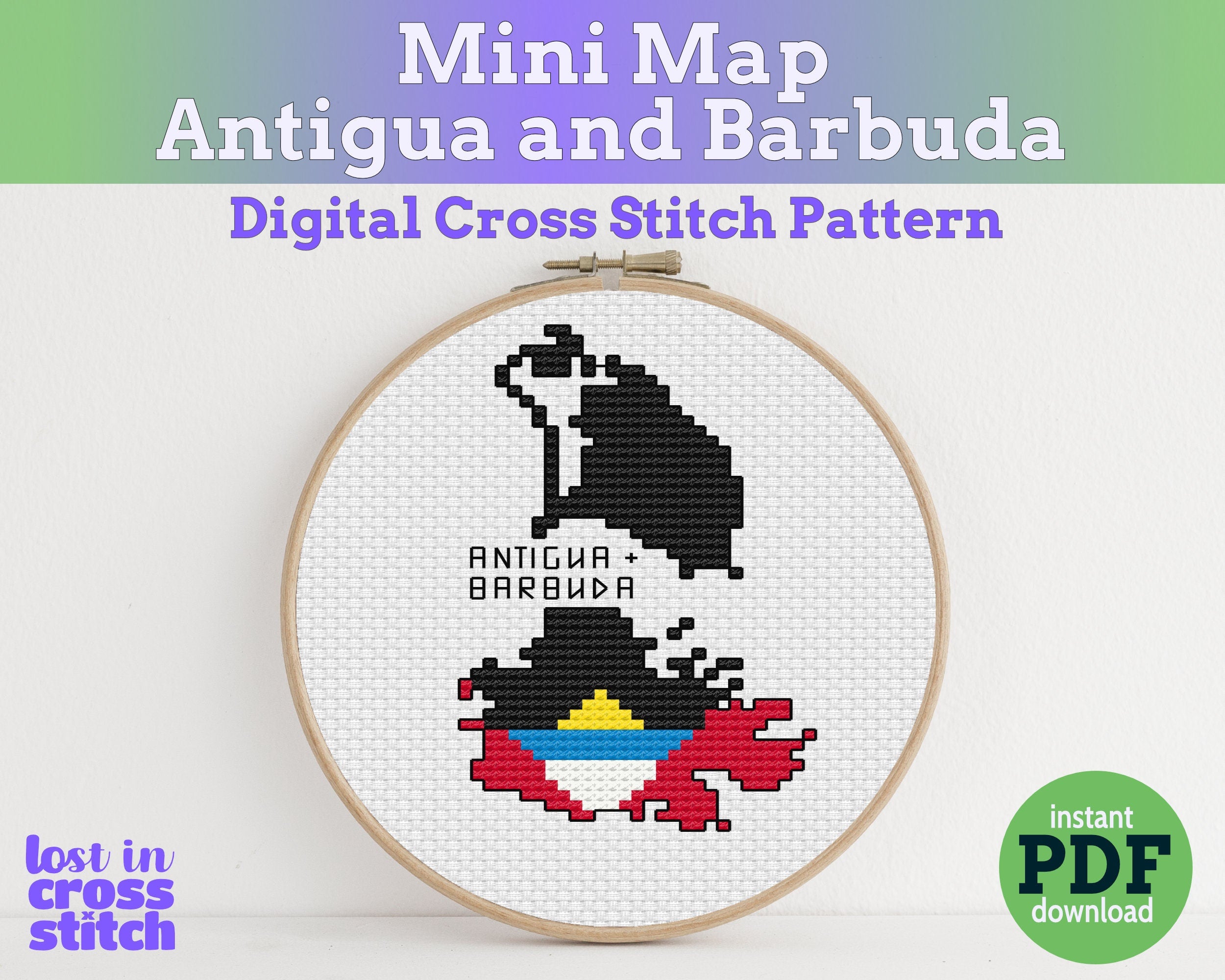 Antigua and Barbuda Cross Stitch Pattern: Mini Flag Map Main image