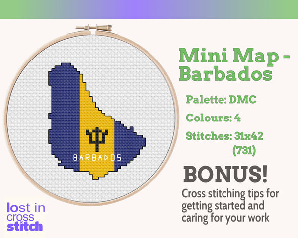 Barbados Cross Stitch Pattern: Mini Flag Map