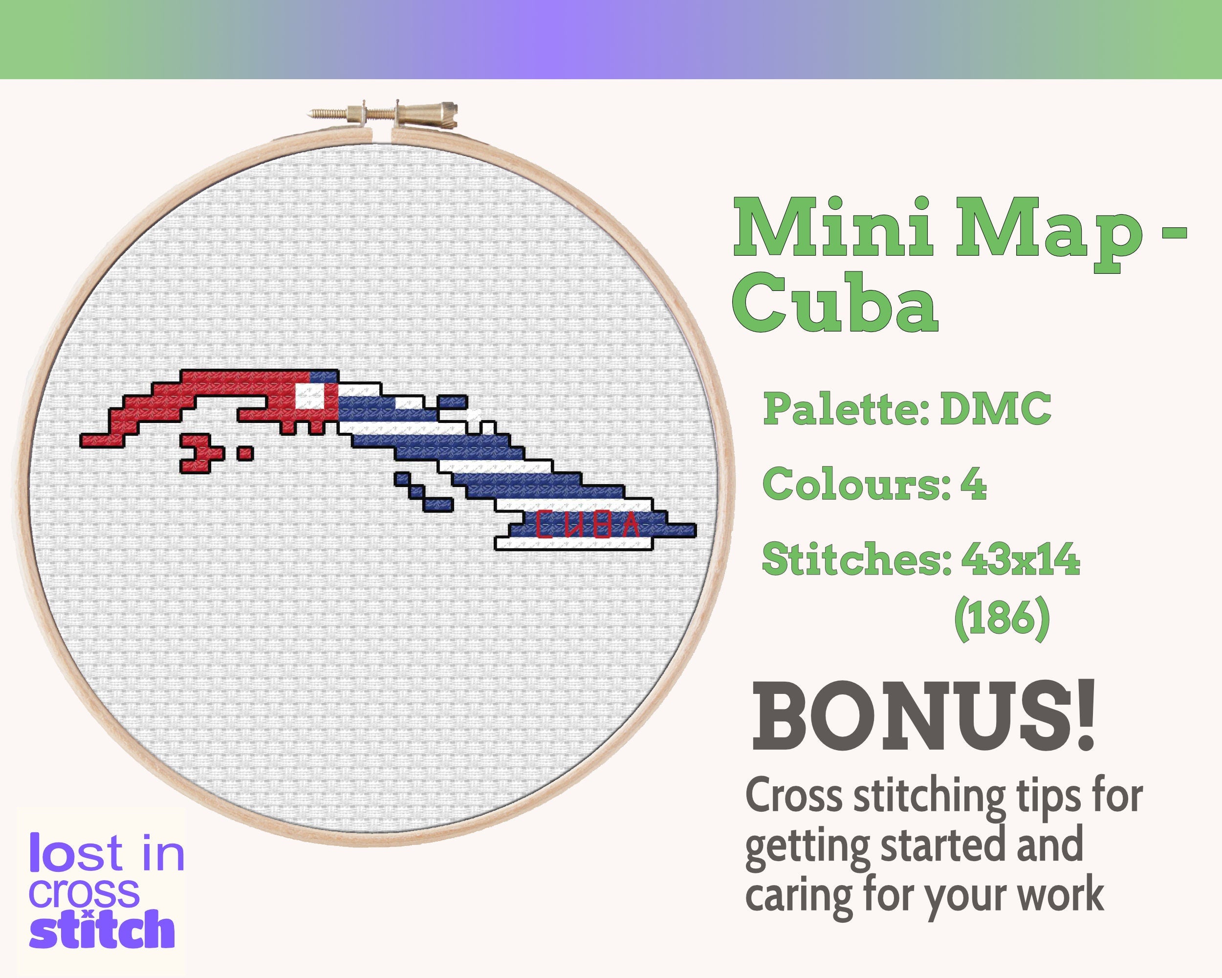 Cuba Cross Stitch Pattern: Mini Flag Map