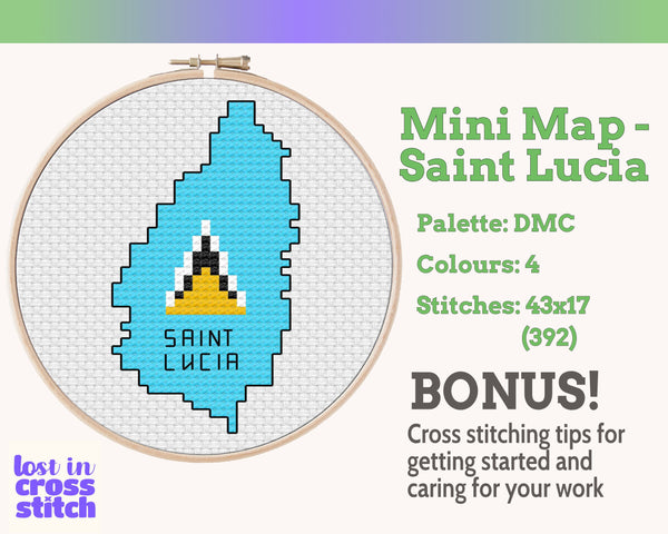 Saint Lucia Cross Stitch Pattern: Mini Flag Map