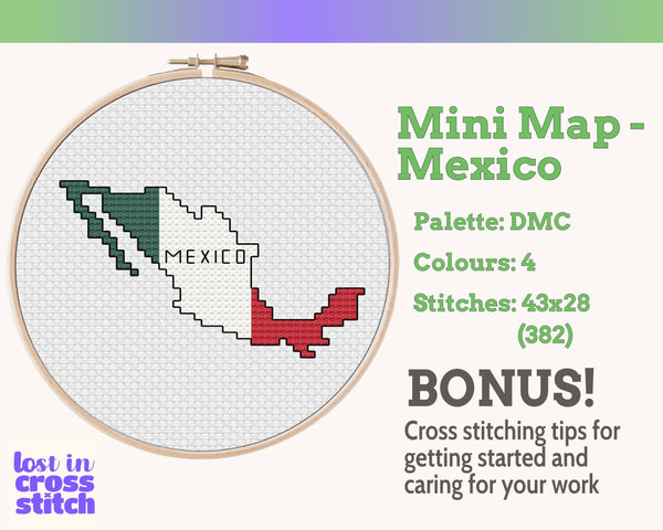 Mexico Cross Stitch Pattern: Tiny Flag Map