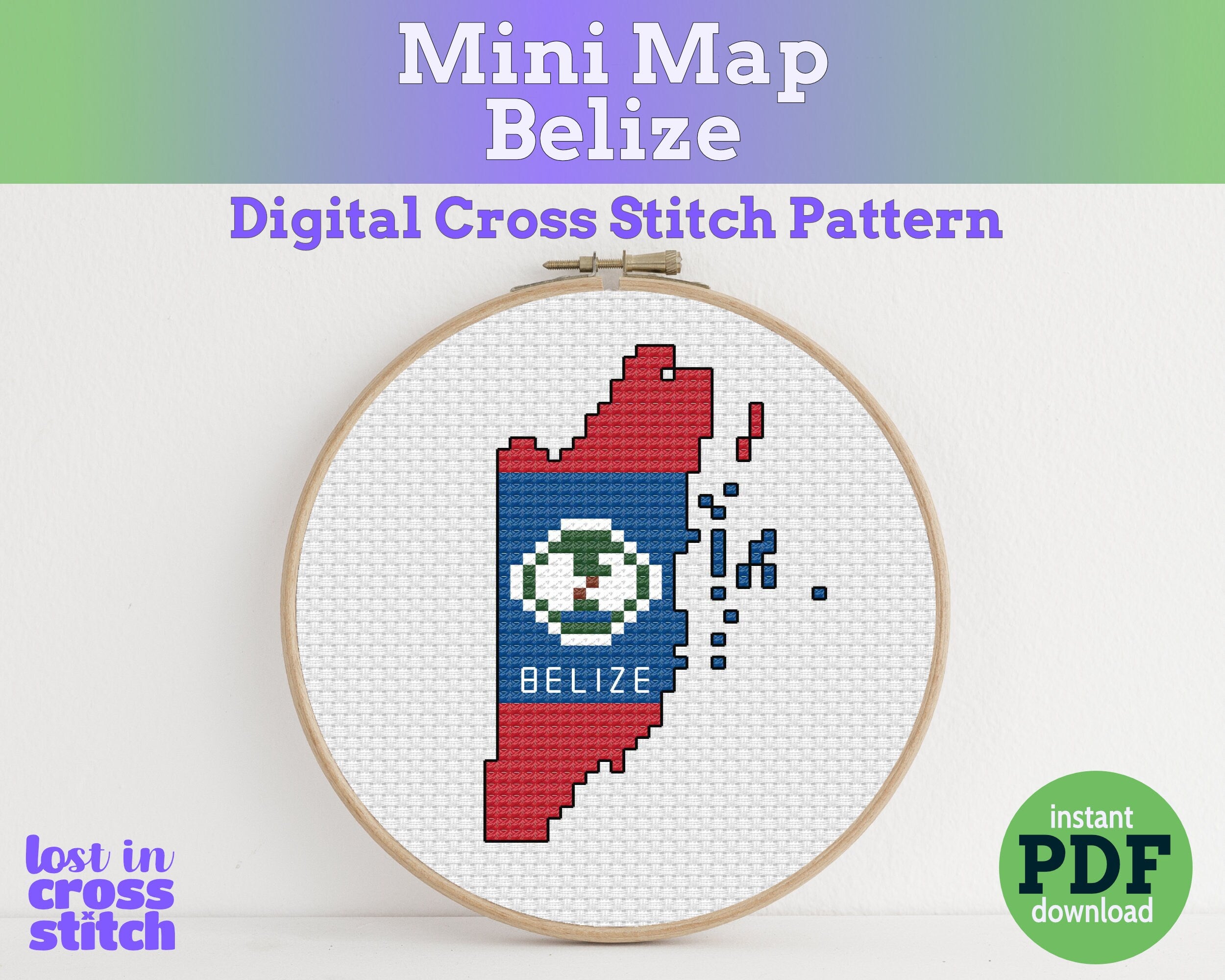 Belize Cross Stitch Pattern: Tiny Flag Map Main image