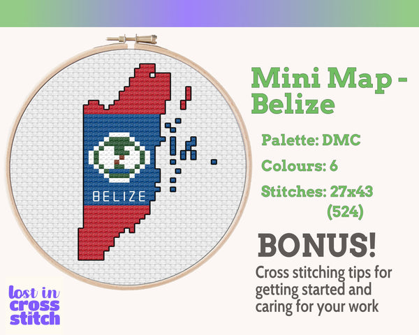 Belize Cross Stitch Pattern: Tiny Flag Map