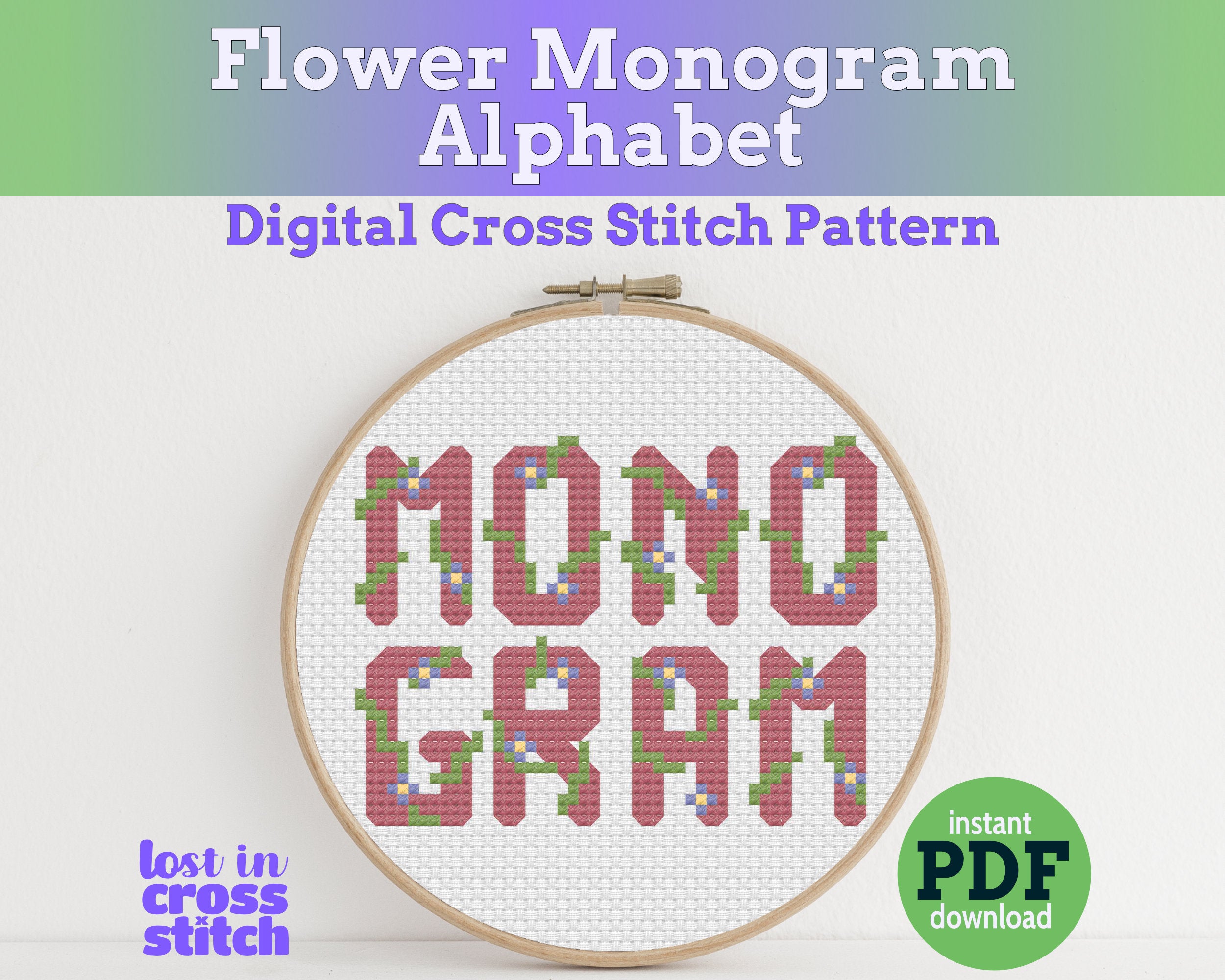 Large Flower Cross Stitch Alphabet Pattern PDF Main image