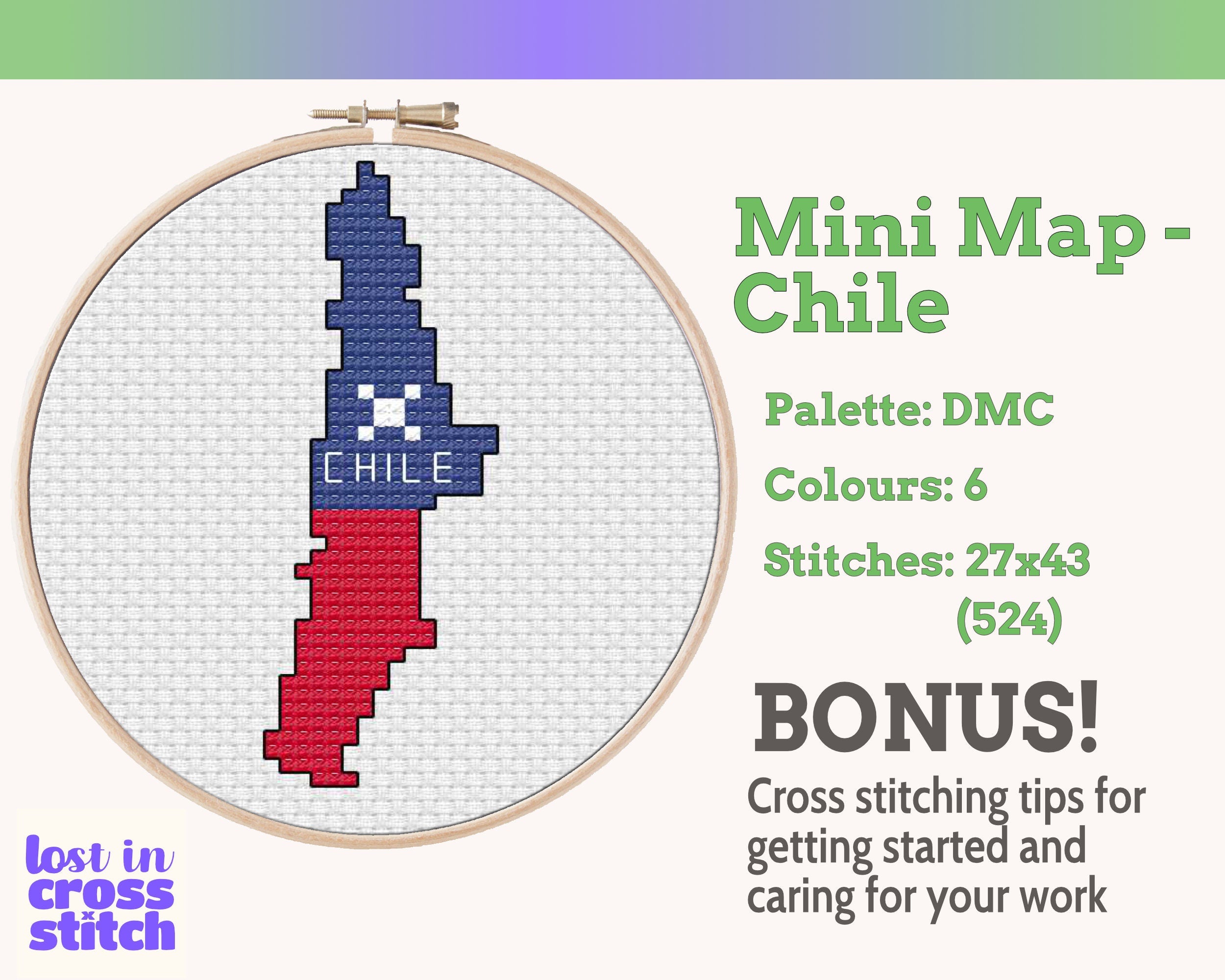 Chile Cross Stitch Pattern: Tiny Flag Map
