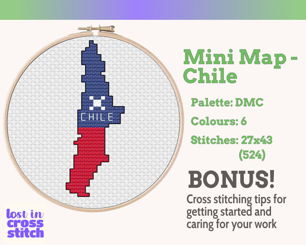 Chile Cross Stitch Pattern: Tiny Flag Map