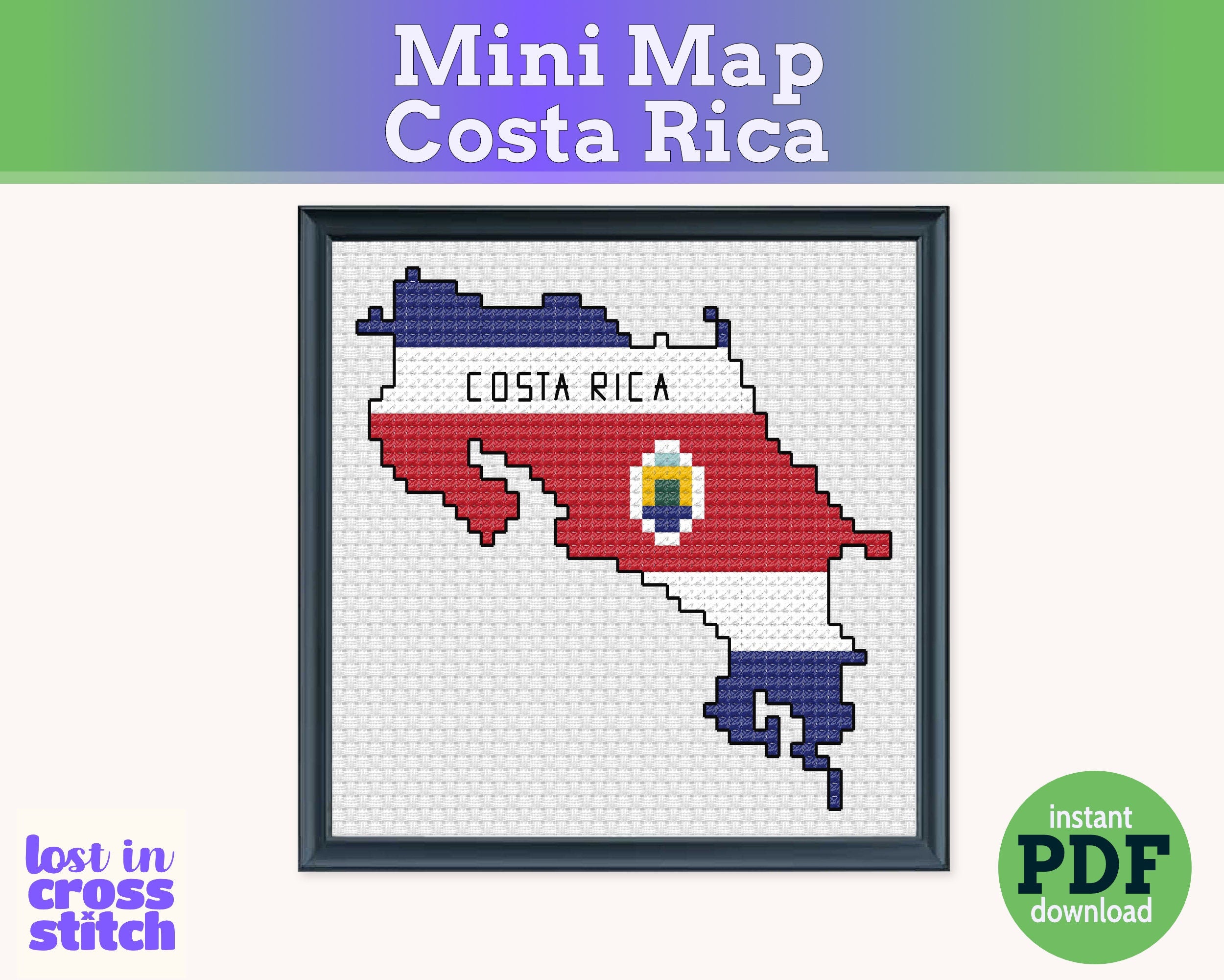 Costa Rica Cross Stitch Pattern: Tiny Flag Map Secondary image