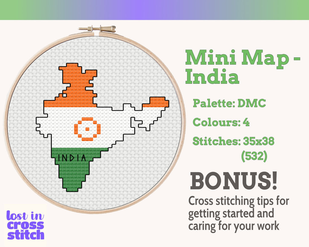 India Cross Stitch Pattern: Mini Flag Map