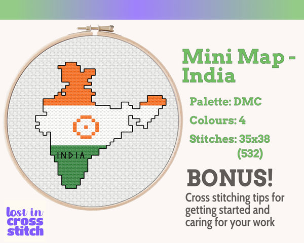 India Cross Stitch Pattern: Mini Flag Map