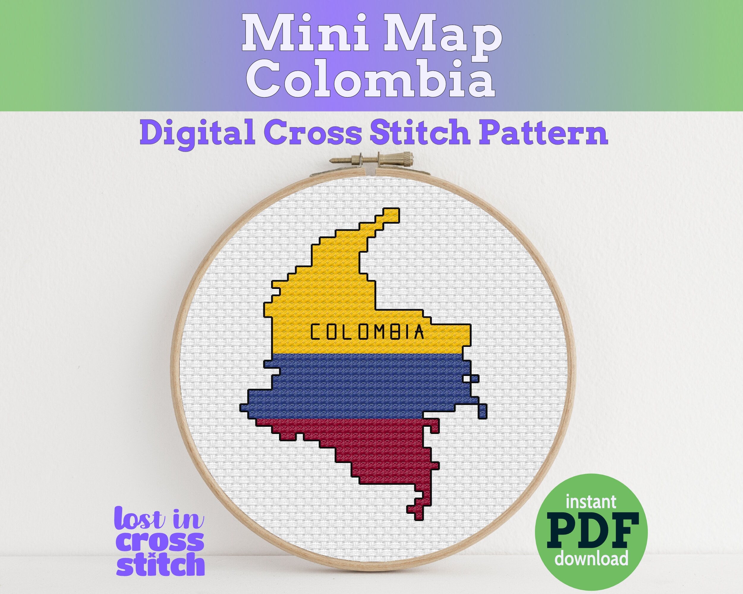 Colombia Cross Stitch Pattern: Tiny Flag Map Main image