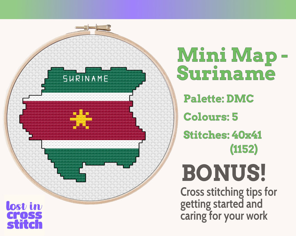 Suriname Cross Stitch Pattern: Tiny Flag Map